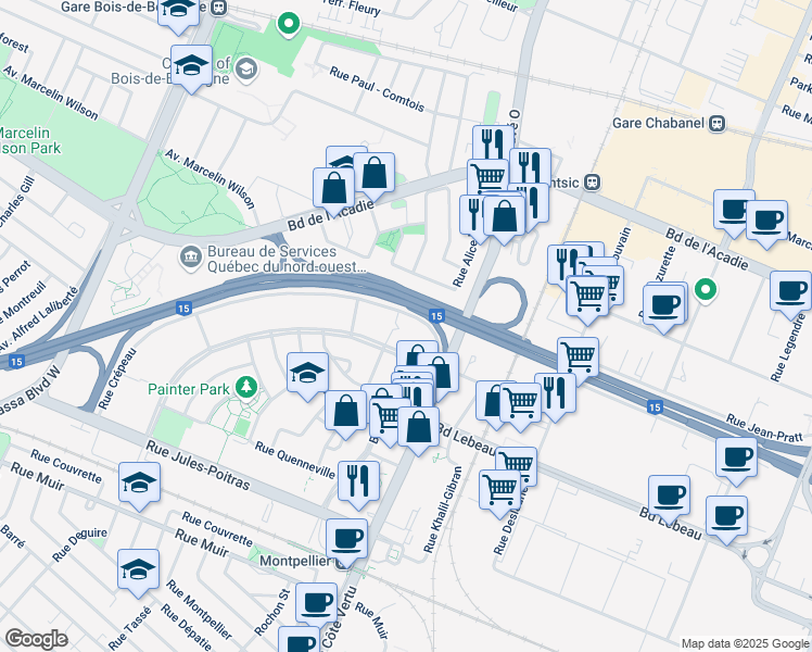map of restaurants, bars, coffee shops, grocery stores, and more near 90 Rue Crépeau in Montréal
