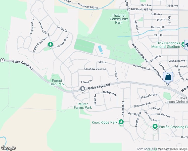 map of restaurants, bars, coffee shops, grocery stores, and more near 417 Blue Jay Avenue in Forest Grove