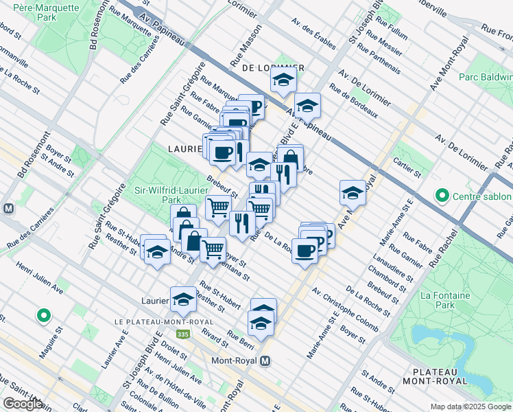 map of restaurants, bars, coffee shops, grocery stores, and more near 4855 Rue de Brébeuf in Montréal