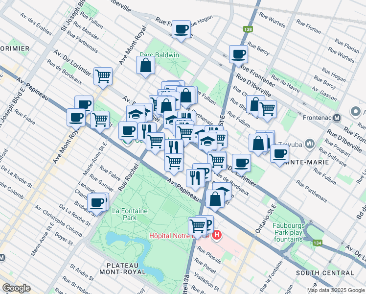 map of restaurants, bars, coffee shops, grocery stores, and more near Rue Gauthier in Montréal