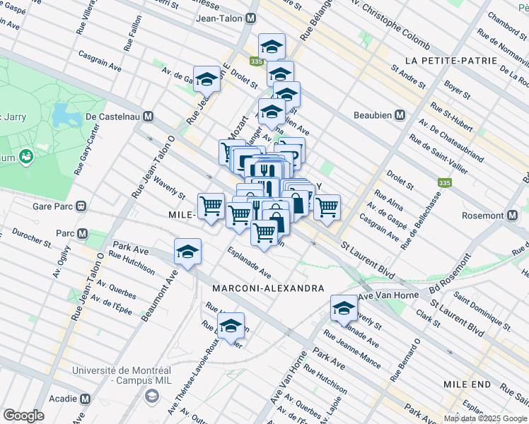 map of restaurants, bars, coffee shops, grocery stores, and more near Clark Street & Rue Saint Zotique Ouest in Montreal