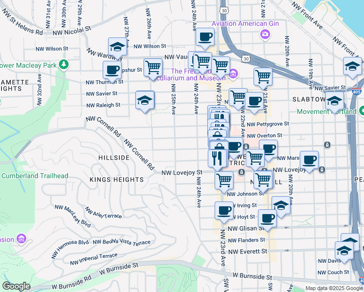 map of restaurants, bars, coffee shops, grocery stores, and more near 2432 Northwest Northrup Street in Portland