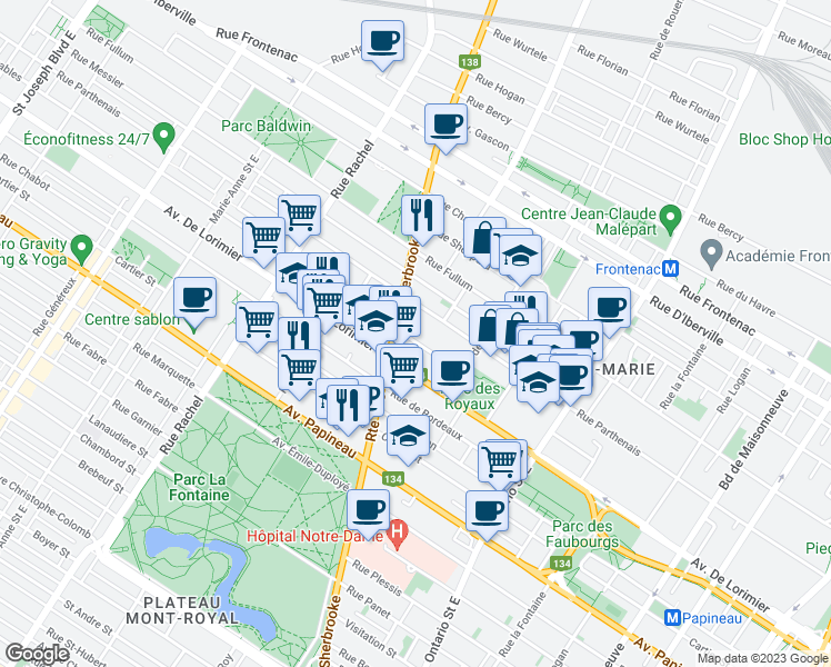 map of restaurants, bars, coffee shops, grocery stores, and more near 2413 Avenue des Érables in Montréal