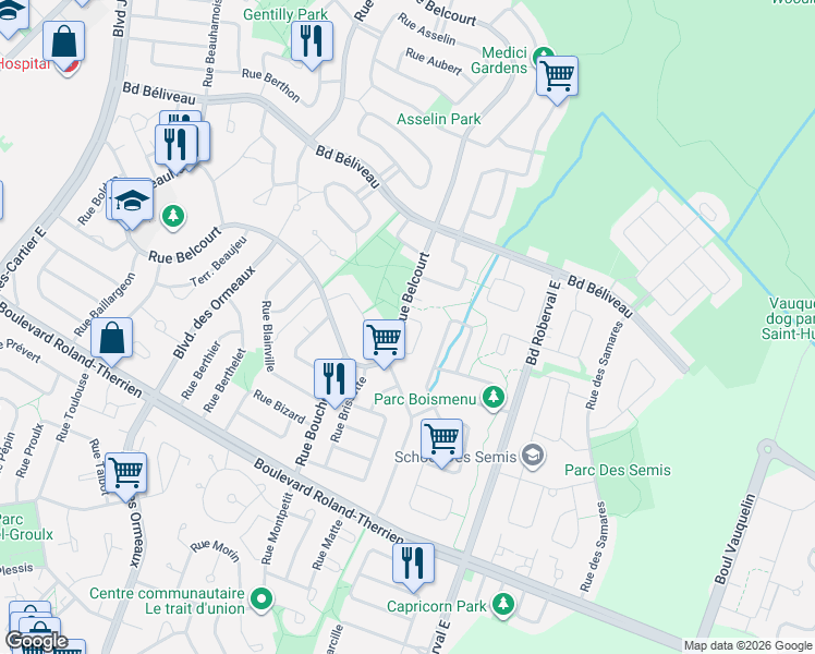 map of restaurants, bars, coffee shops, grocery stores, and more near 3112 Rue Belcourt in Longueuil