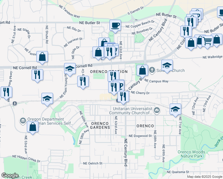map of restaurants, bars, coffee shops, grocery stores, and more near 943 Northeast Orenco Station Parkway in Hillsboro