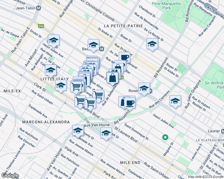 map of restaurants, bars, coffee shops, grocery stores, and more near 285 Rue de Bellechasse in Montreal