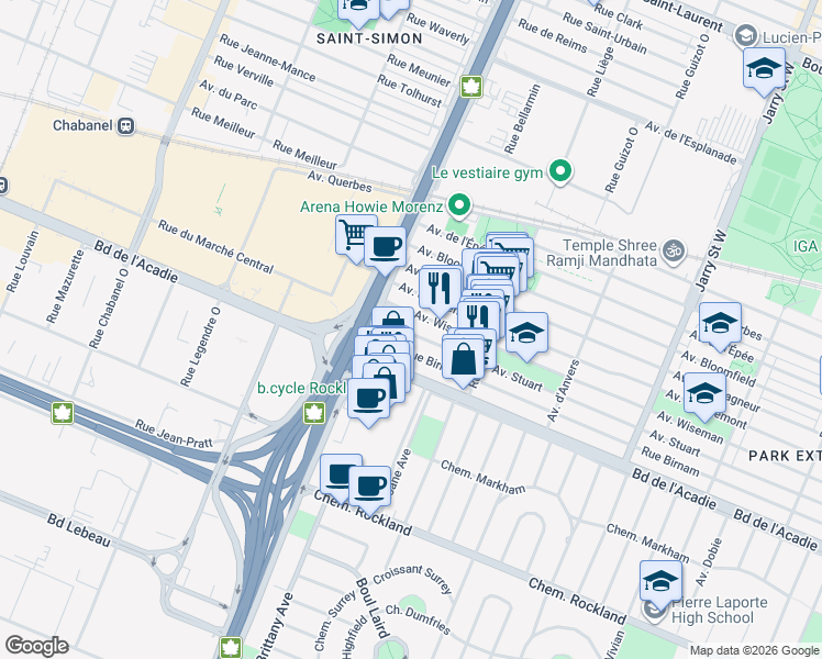 map of restaurants, bars, coffee shops, grocery stores, and more near 8645 Avenue Stuart in Montréal