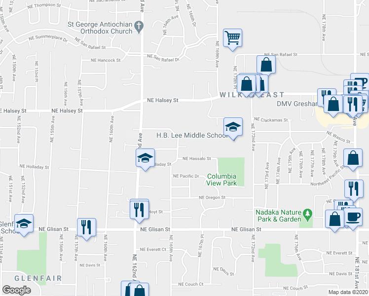 map of restaurants, bars, coffee shops, grocery stores, and more near 16661 Northeast Hassalo Street in Portland