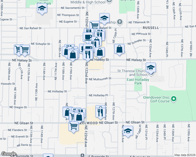 map of restaurants, bars, coffee shops, grocery stores, and more near 12314 Northeast Multnomah Street in Portland