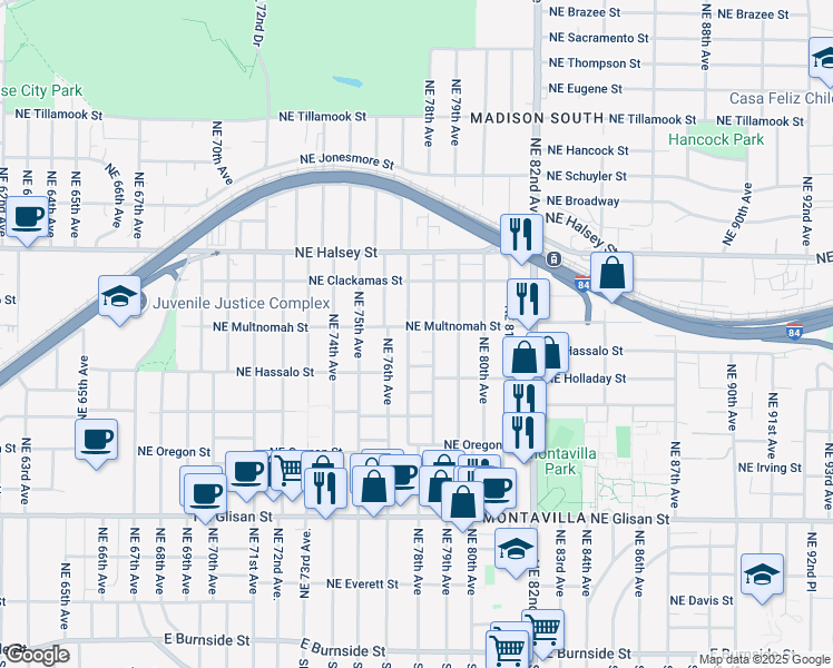 map of restaurants, bars, coffee shops, grocery stores, and more near 1131 Northeast 78th Avenue in Portland
