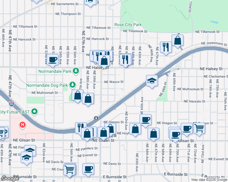 map of restaurants, bars, coffee shops, grocery stores, and more near 6116-6118 Northeast Hassalo Street in Portland