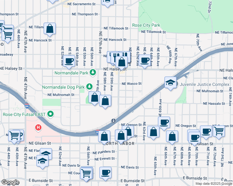 map of restaurants, bars, coffee shops, grocery stores, and more near 1105 Northeast 60th Avenue in Portland