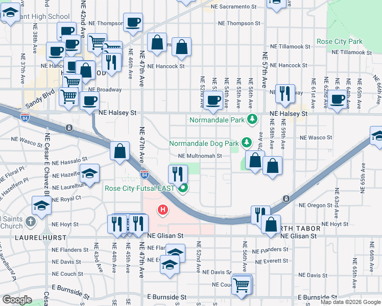 map of restaurants, bars, coffee shops, grocery stores, and more near 5024 Northeast Multnomah Street in Portland