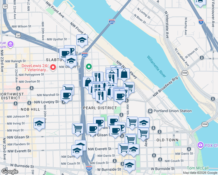 map of restaurants, bars, coffee shops, grocery stores, and more near in Portland