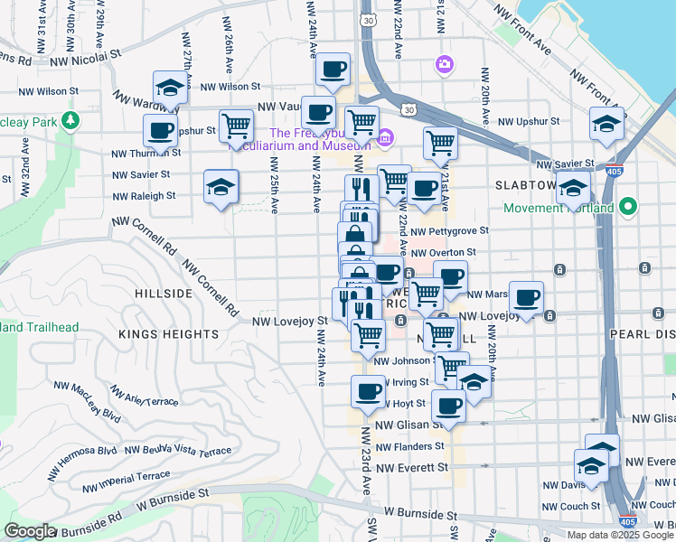 map of restaurants, bars, coffee shops, grocery stores, and more near 2364 Northwest Northrup Street in Portland