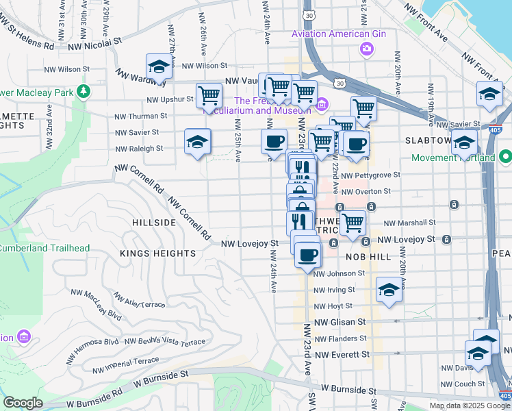 map of restaurants, bars, coffee shops, grocery stores, and more near 2432 Northwest Northrup Street in Portland
