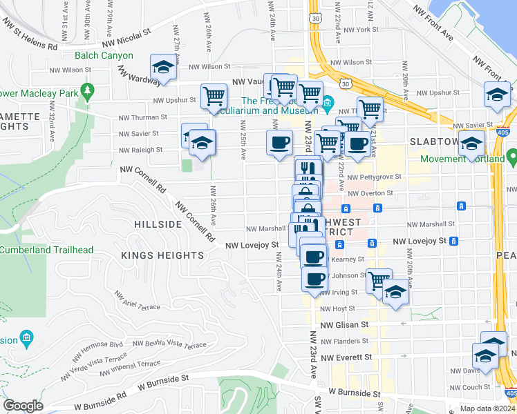 map of restaurants, bars, coffee shops, grocery stores, and more near 2432 Northwest Northrup Street in Portland