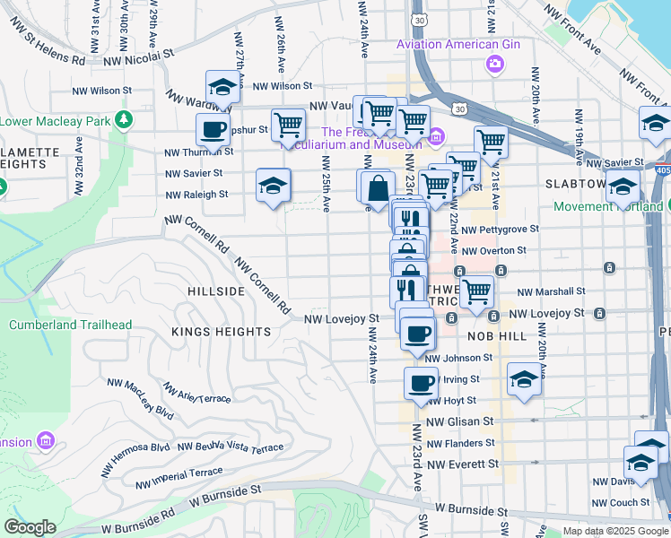 map of restaurants, bars, coffee shops, grocery stores, and more near 1133 Northwest 25th Avenue in Portland