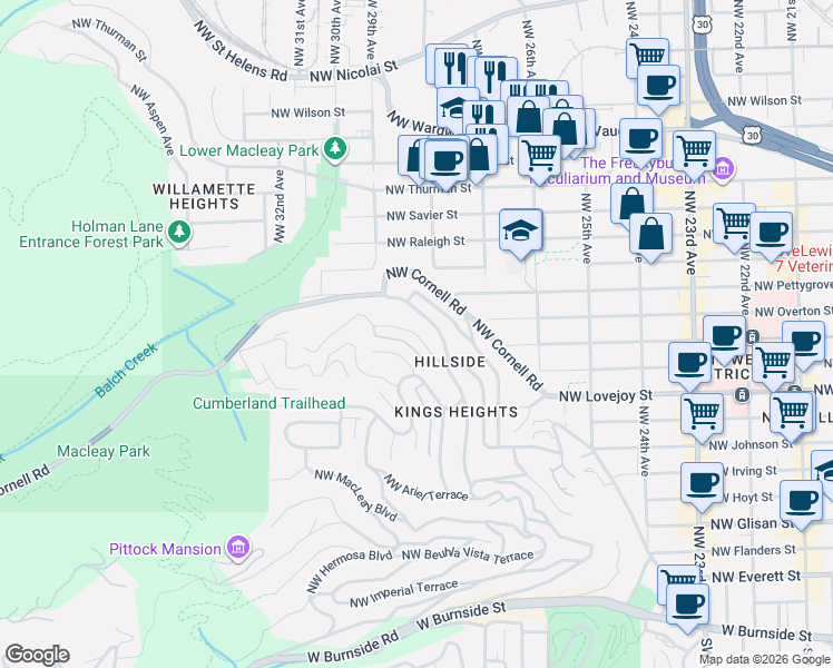 map of restaurants, bars, coffee shops, grocery stores, and more near 2817 Northwest Fairfax Terrace in Portland