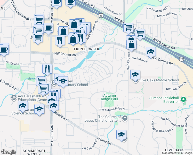 map of restaurants, bars, coffee shops, grocery stores, and more near 17820 Northwest Lakeway Court in Beaverton