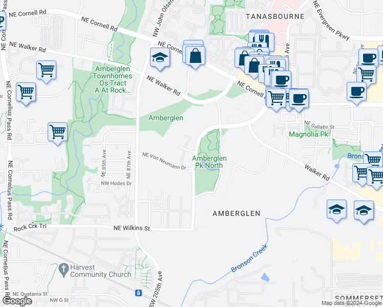 map of restaurants, bars, coffee shops, grocery stores, and more near 9250 Northeast Rockspring Street in Hillsboro