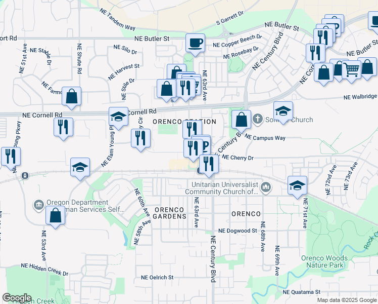 map of restaurants, bars, coffee shops, grocery stores, and more near 6480 Northeast Campus Court in Hillsboro