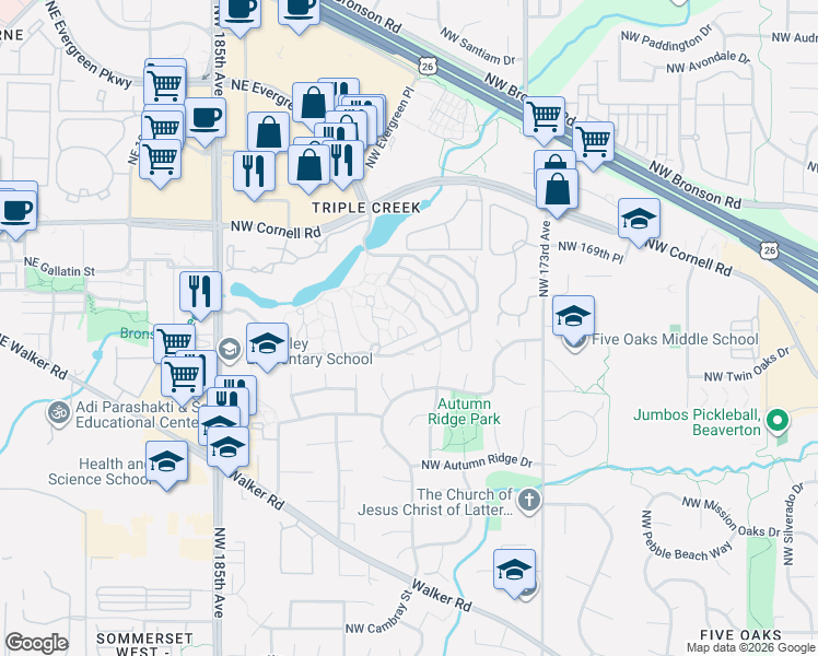 map of restaurants, bars, coffee shops, grocery stores, and more near 17753 Northwest Lakeway Court in Beaverton