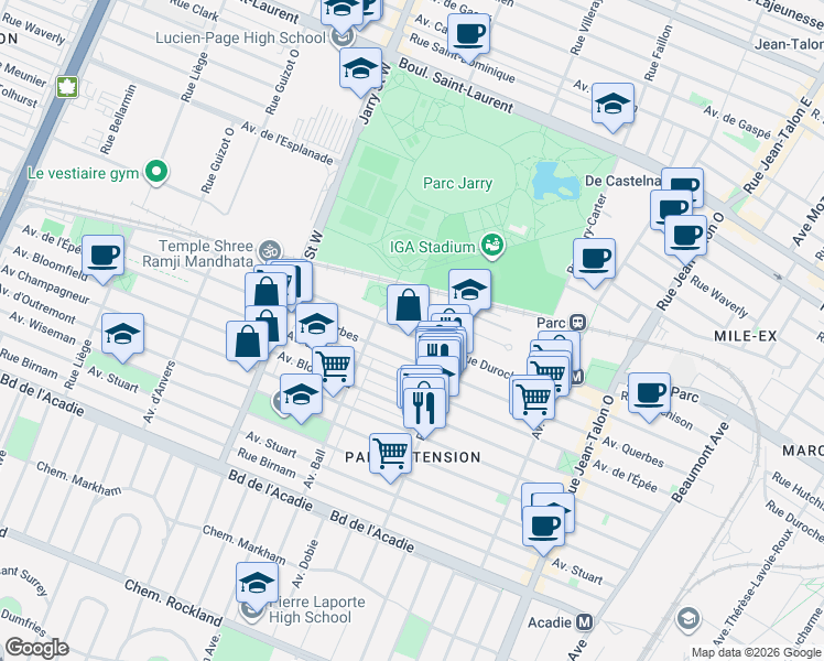 map of restaurants, bars, coffee shops, grocery stores, and more near 7815 Rue Durocher in Montréal