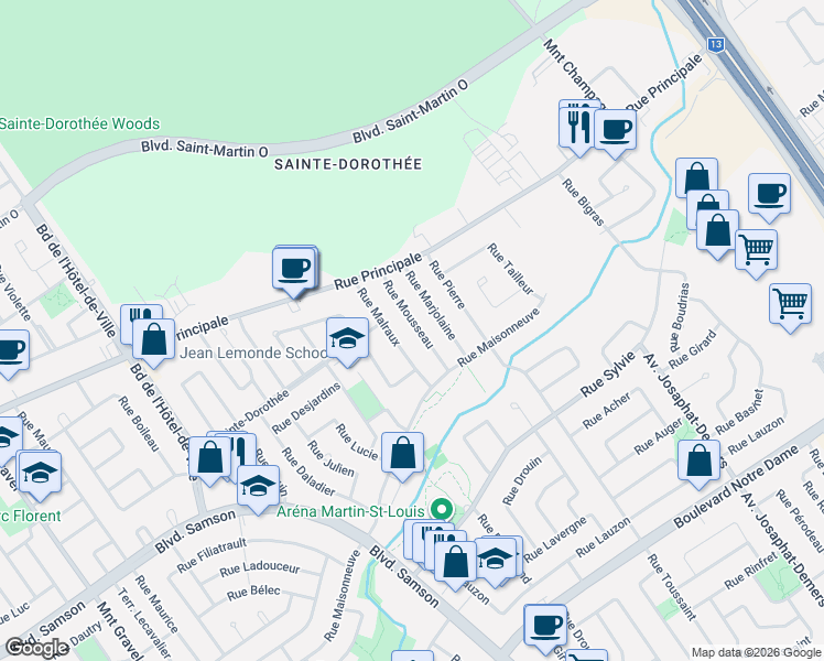 map of restaurants, bars, coffee shops, grocery stores, and more near 834 Rue Mousseau in Laval