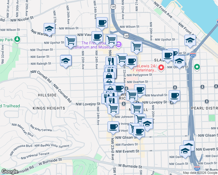 map of restaurants, bars, coffee shops, grocery stores, and more near 2327 Northwest Northrup Street in Portland