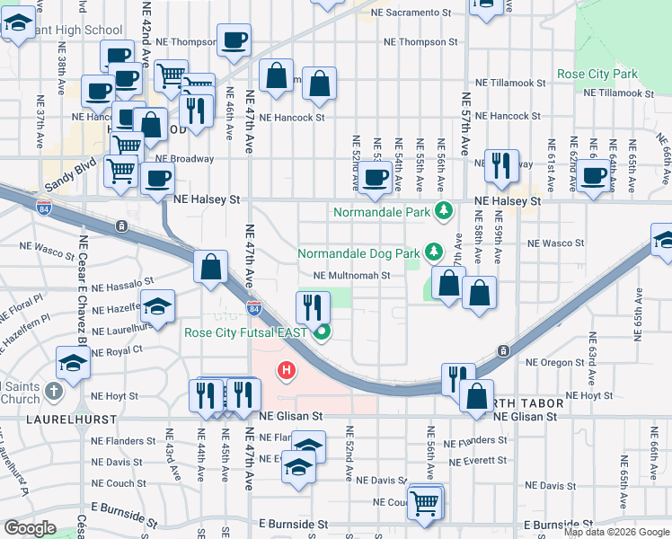 map of restaurants, bars, coffee shops, grocery stores, and more near 5024 Northeast Multnomah Street in Portland