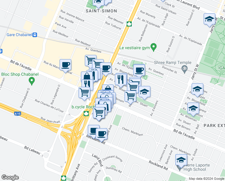 map of restaurants, bars, coffee shops, grocery stores, and more near 8645 Avenue Stuart in Montréal