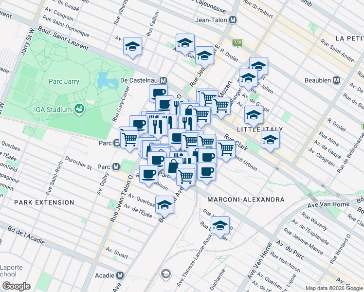 map of restaurants, bars, coffee shops, grocery stores, and more near 185 Avenue Alexandra in Montréal