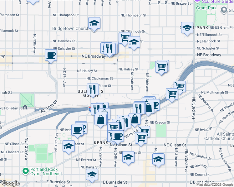 map of restaurants, bars, coffee shops, grocery stores, and more near Northeast Multnomah Street & Northeast 24th Avenue in Portland