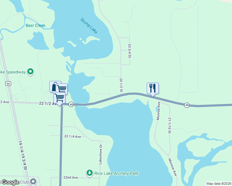 map of restaurants, bars, coffee shops, grocery stores, and more near 2063 22 1/2 Avenue in Rice Lake