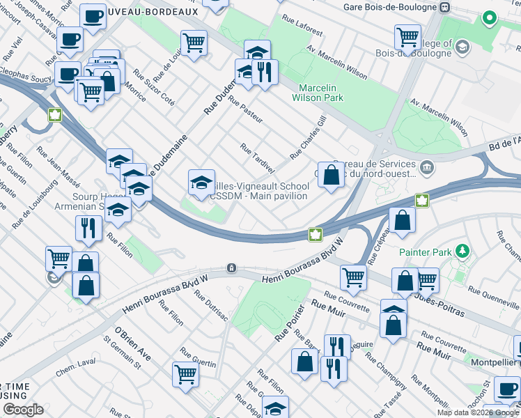 map of restaurants, bars, coffee shops, grocery stores, and more near 10962 Rue James-Morrice in Montréal