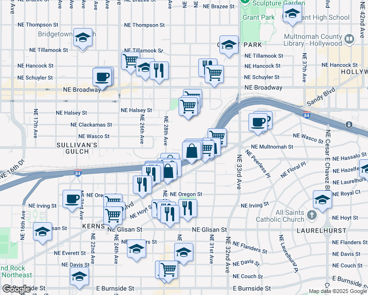 map of restaurants, bars, coffee shops, grocery stores, and more near 1104 Northeast Sullivan Street in Portland