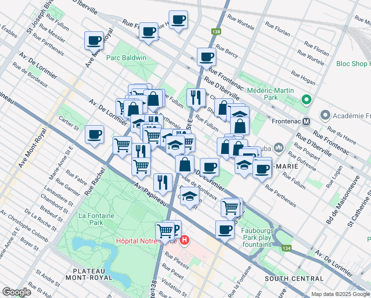 map of restaurants, bars, coffee shops, grocery stores, and more near 2525 Avenue des Érables in Montreal