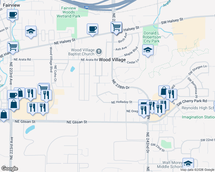 map of restaurants, bars, coffee shops, grocery stores, and more near 23663 Northeast Shamrock Drive in Wood Village