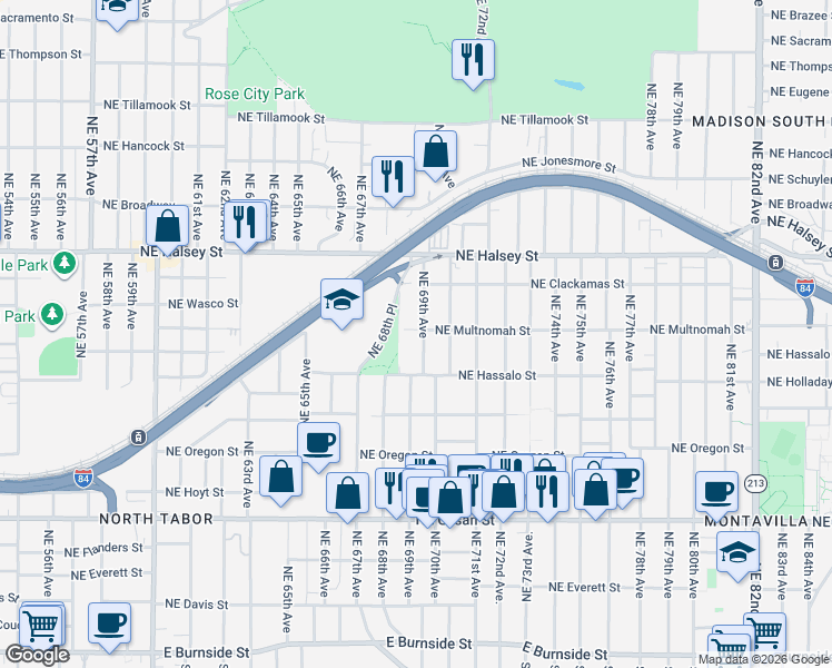 map of restaurants, bars, coffee shops, grocery stores, and more near 1145 Northeast 69th Avenue in Portland