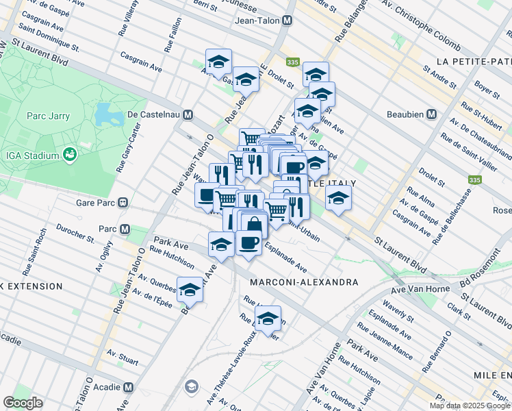 map of restaurants, bars, coffee shops, grocery stores, and more near 6840 Rue Saint-Urbain in Montréal