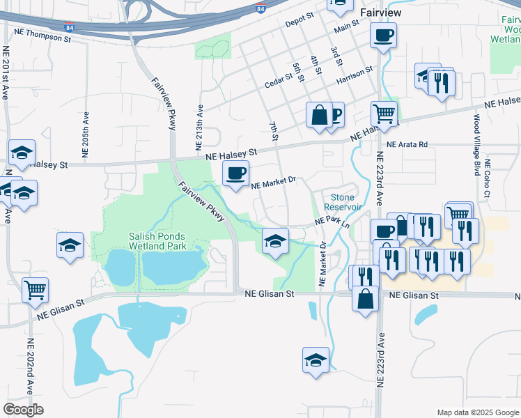 map of restaurants, bars, coffee shops, grocery stores, and more near 1321 Northeast Park Lane in Fairview