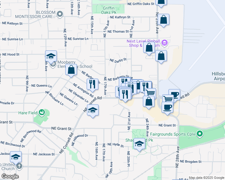 map of restaurants, bars, coffee shops, grocery stores, and more near 1721 Northeast Cornell Road in Hillsboro