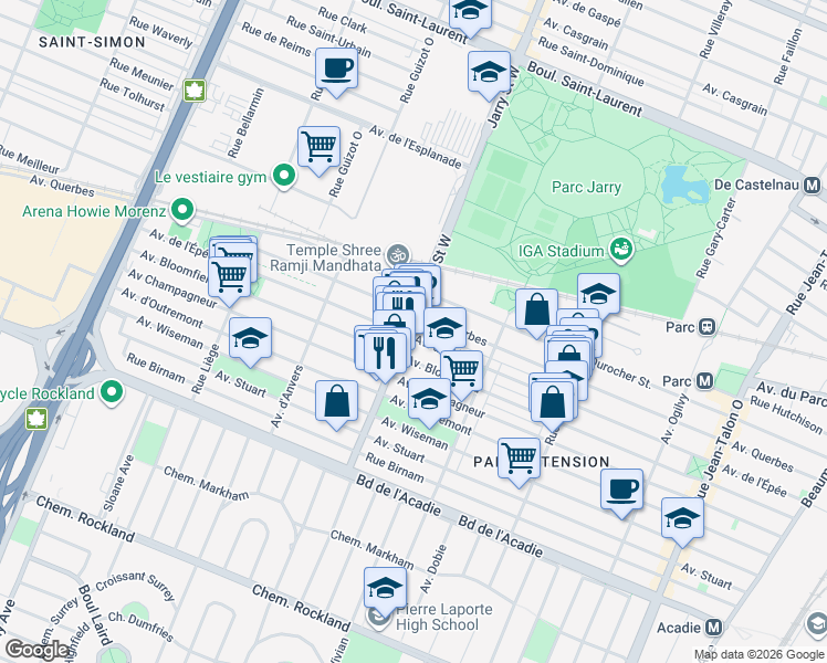 map of restaurants, bars, coffee shops, grocery stores, and more near 550 Rue Jarry Ouest in Montréal