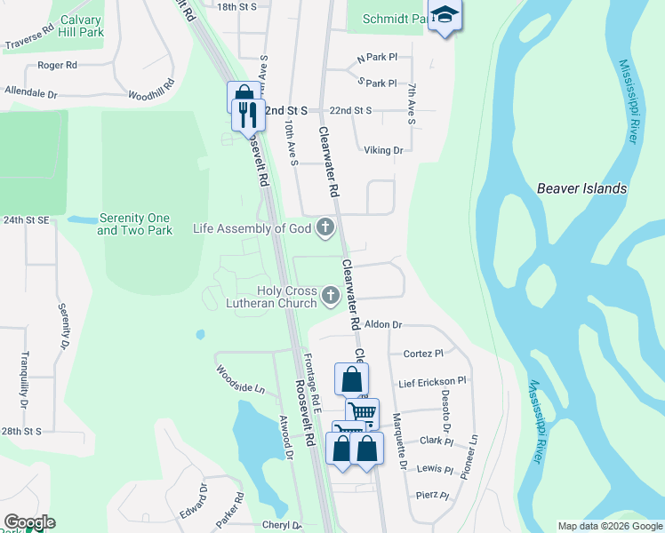map of restaurants, bars, coffee shops, grocery stores, and more near 2505 Clearwater Road in St. Cloud