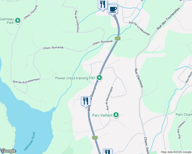 map of restaurants, bars, coffee shops, grocery stores, and more near 313 Montée de la Source in Cantley