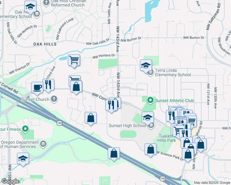 map of restaurants, bars, coffee shops, grocery stores, and more near 1771 Northwest 143rd Avenue in Portland