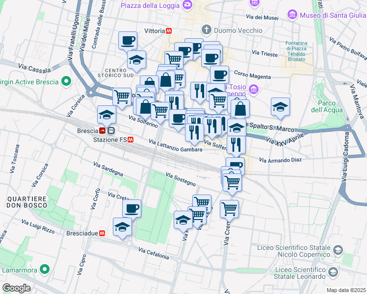 map of restaurants, bars, coffee shops, grocery stores, and more near 75 Via Lattanzio Gambara in Brescia