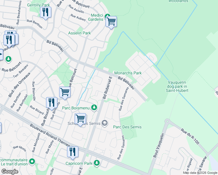 map of restaurants, bars, coffee shops, grocery stores, and more near 1554 Boulevard Roberval Est in Longueuil