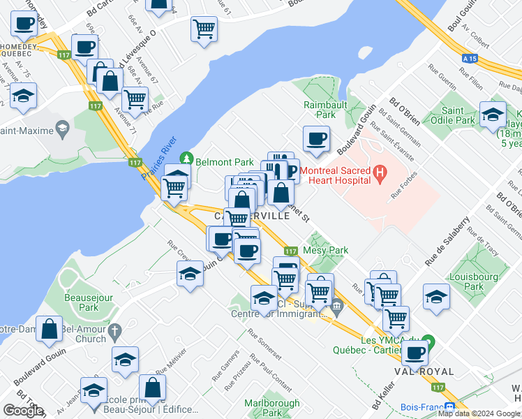 map of restaurants, bars, coffee shops, grocery stores, and more near 5930 Boulevard Gouin Ouest in Montréal